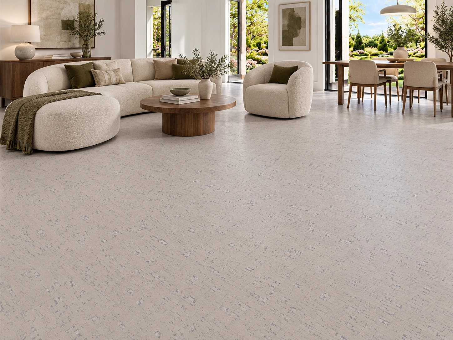Bleached Birch - 1/4&Quot; (6Mm) - Cork Glue Down Tile (Gbb6) Bleached Birch Installed Flooring In A Furnished Daylight Interior; Accurate Product Scale Visualization (Pf3378Vcc-6.0)