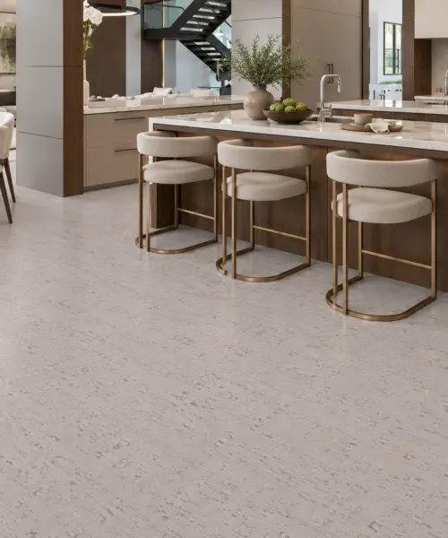 Bleached Birch installed flooring in a furnished daylight interior; accurate product scale visualization (PF3378VCC-8.0)