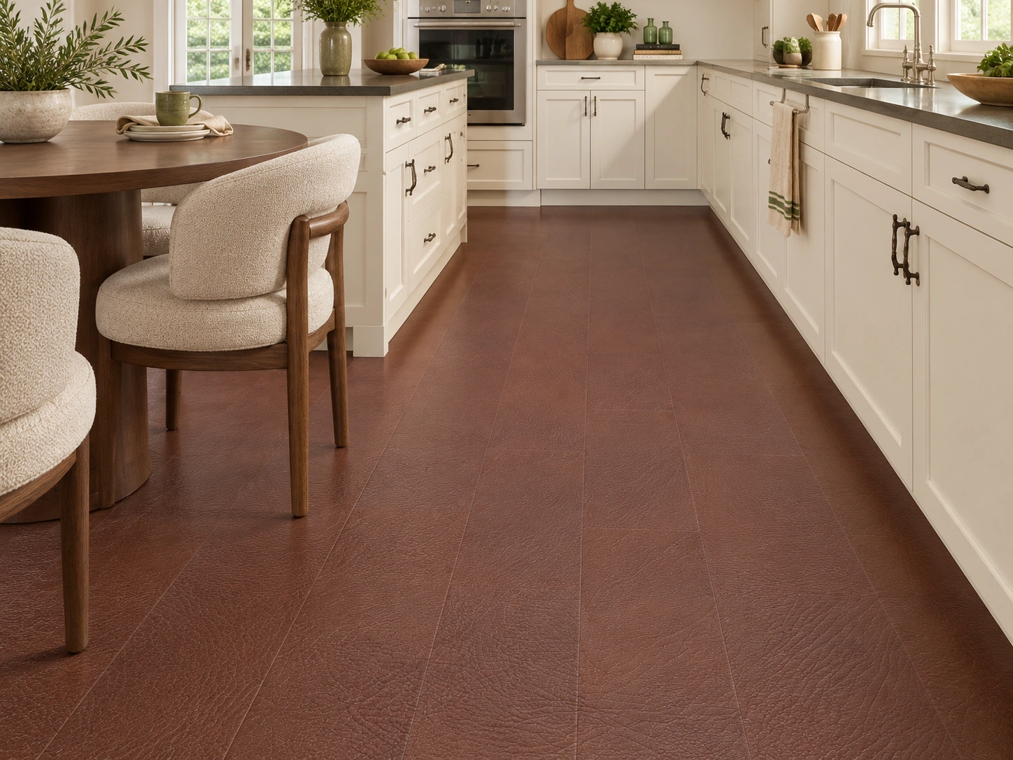 Chestnut – 3/8” (9.5Mm) – Swiss Leather Flooring (Lchsnt9.5) Chestnut Installed Flooring In A Furnished Daylight Interior; Accurate Product Scale Visualization (Lchsnt9.5)