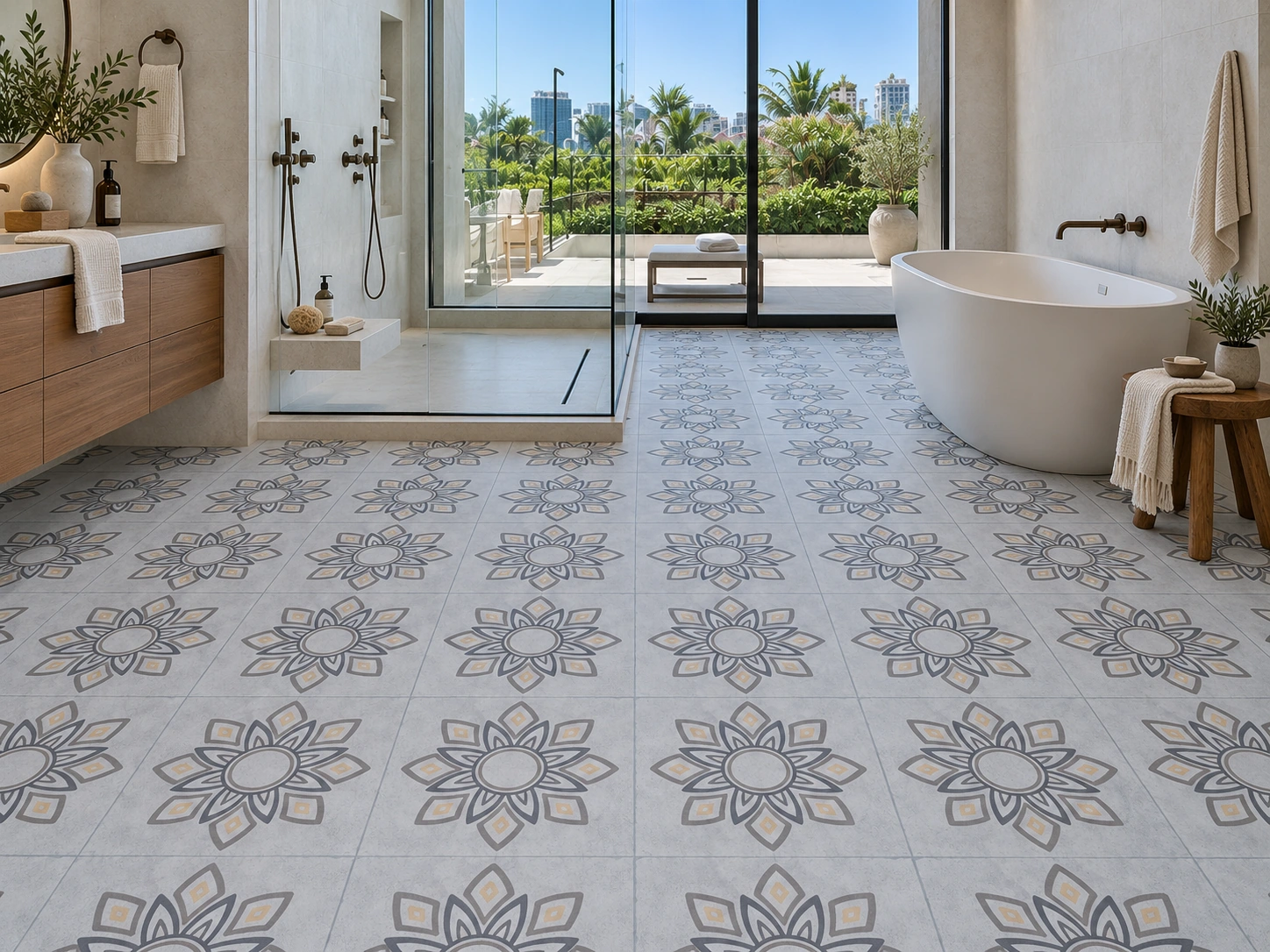 Classic Porcelain - 19/64&Quot; (7.5Mm) - Swiss Techslate (Mcpor7.5) Classic Porcelain Installed Flooring In A Furnished Daylight Interior; Accurate Product Scale Visualization (Mcpor7.5)