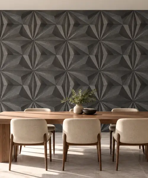 Diamond Grey cork wall installed in a furnished interior, product scale visualization (WDiG30)