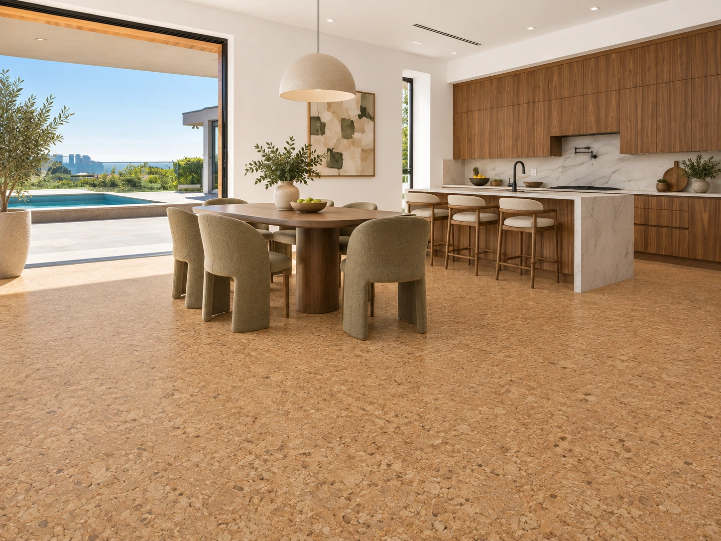 Golden Beach - 25/64&Quot; (10Mm) - Cork Floating (Fgo10) Golden Beach Installed Flooring In A Furnished Daylight Interior; Accurate Product Scale Visualization (Ck3390Vnn)