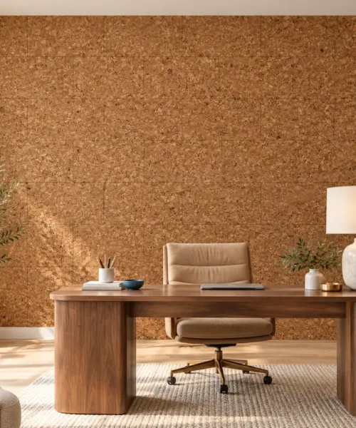 Golden Beach cork wall installed in a furnished interior, product scale visualization (PF3390VNN-6.0)