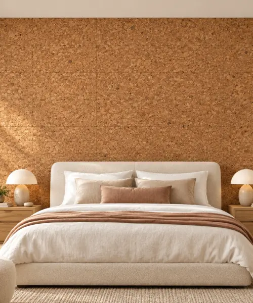 Golden Beach - 5/16&Quot; (8Mm) - Cork Glue Down Tile (Ggo8) Golden Beach Cork Wall Installed In A Furnished Interior, Product Scale Visualization (Pf3390Vnn-8.0)