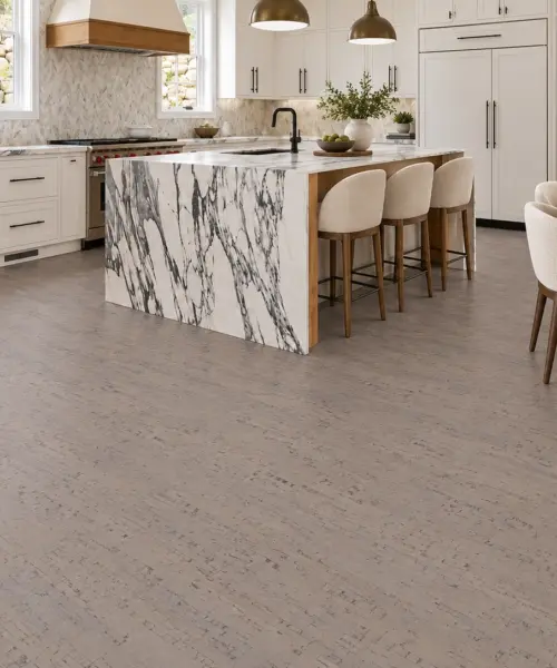 Gray Bamboo installed flooring in a furnished daylight interior; accurate product scale visualization (PF3378VZC-6.0)