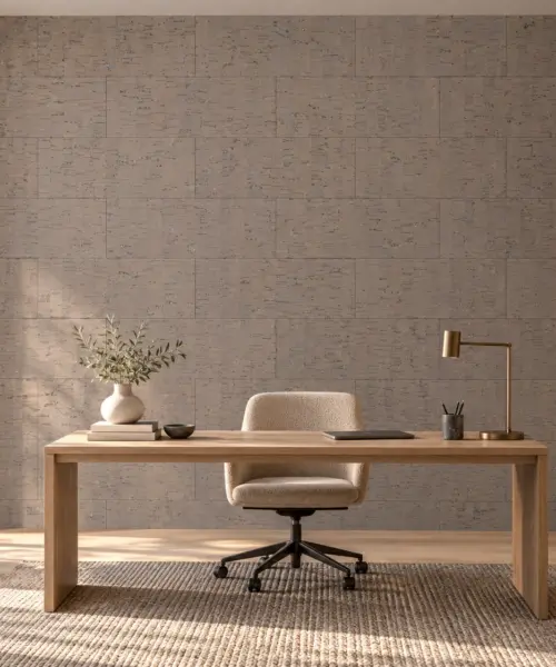 Gray Bamboo - 1/4&Quot; (6Mm) - Cork Glue Down Tile (Ggb6) Gray Bamboo Cork Wall Installed In A Furnished Interior, Product Scale Visualization (Pf3378Vzc-6.0)