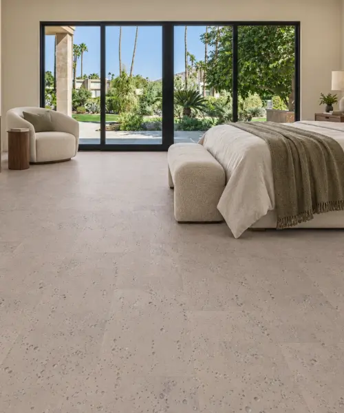 Gray Leather installed flooring in a furnished daylight interior; accurate product scale visualization (CZ3384VZC)