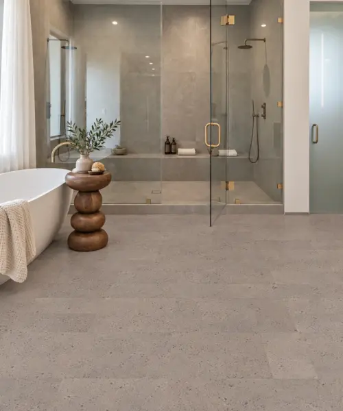 Gray Leather installed flooring in a furnished daylight interior; accurate product scale visualization (PF3384VZC-6.0)