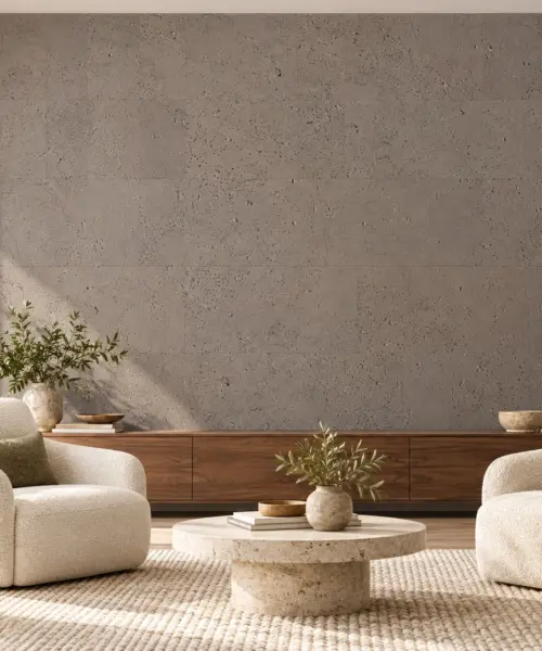 Gray Leather - 1/4&Quot; (6Mm) - Cork Glue Down Tile (Ggl6) Gray Leather Cork Wall Installed In A Furnished Interior, Product Scale Visualization (Pf3384Vzc-6.0)