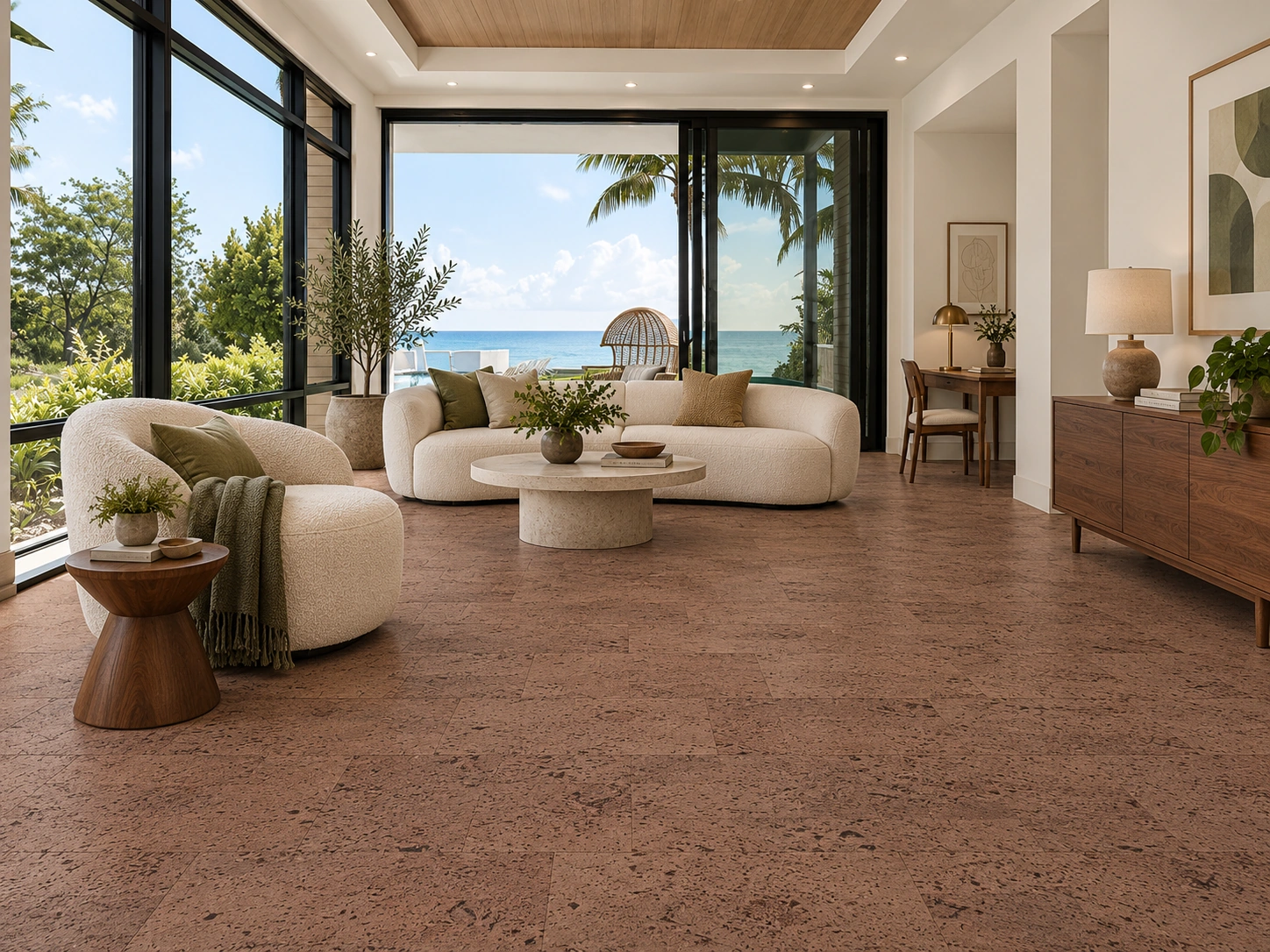 Hazel - 1/4&Quot; (6Mm) - Swiss Cork Glue Down Tile (Ghaz6) Hazel Installed Flooring In A Furnished Daylight Interior; Accurate Product Scale Visualization (Ghaz6)