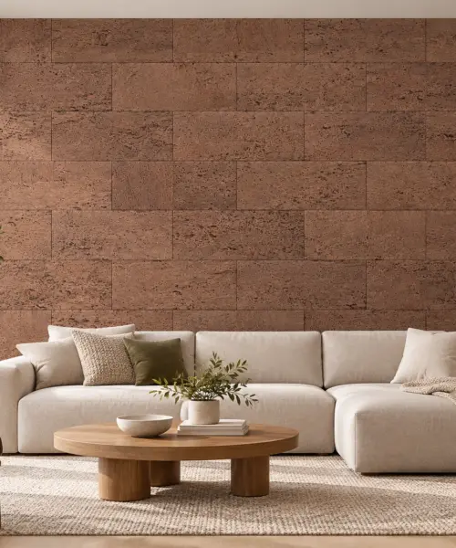 Hazel - 1/4&Quot; (6Mm) - Swiss Cork Glue Down Tile (Ghaz6) Hazel Cork Wall Installed In A Furnished Interior, Product Scale Visualization (Ghaz6)