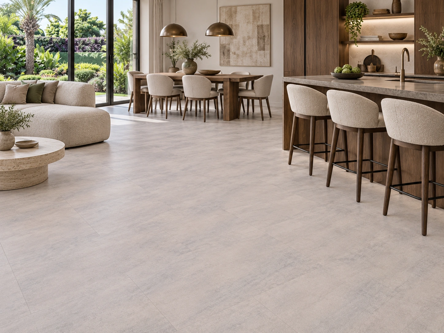 Ivory Concrete - 3/8&Quot; (9.5Mm) - Forna Natural Composite Flooring With Waterproof Hydrowood Core (Nicon9.5) Ivory Concrete Installed Flooring In A Furnished Daylight Interior; Accurate Product Scale Visualization (Nicon9.5)