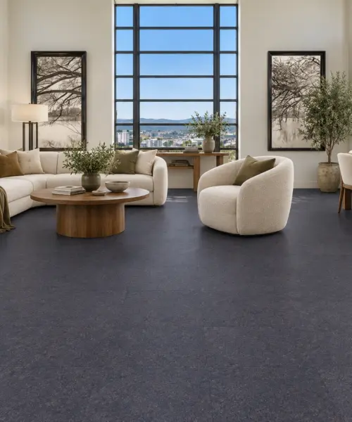 Waterproof And Water-Resistant Cork Flooring Jet Black Installed Flooring In A Furnished Daylight Interior; Accurate Product Scale Visualization (Pf3209Vbe-8.0)