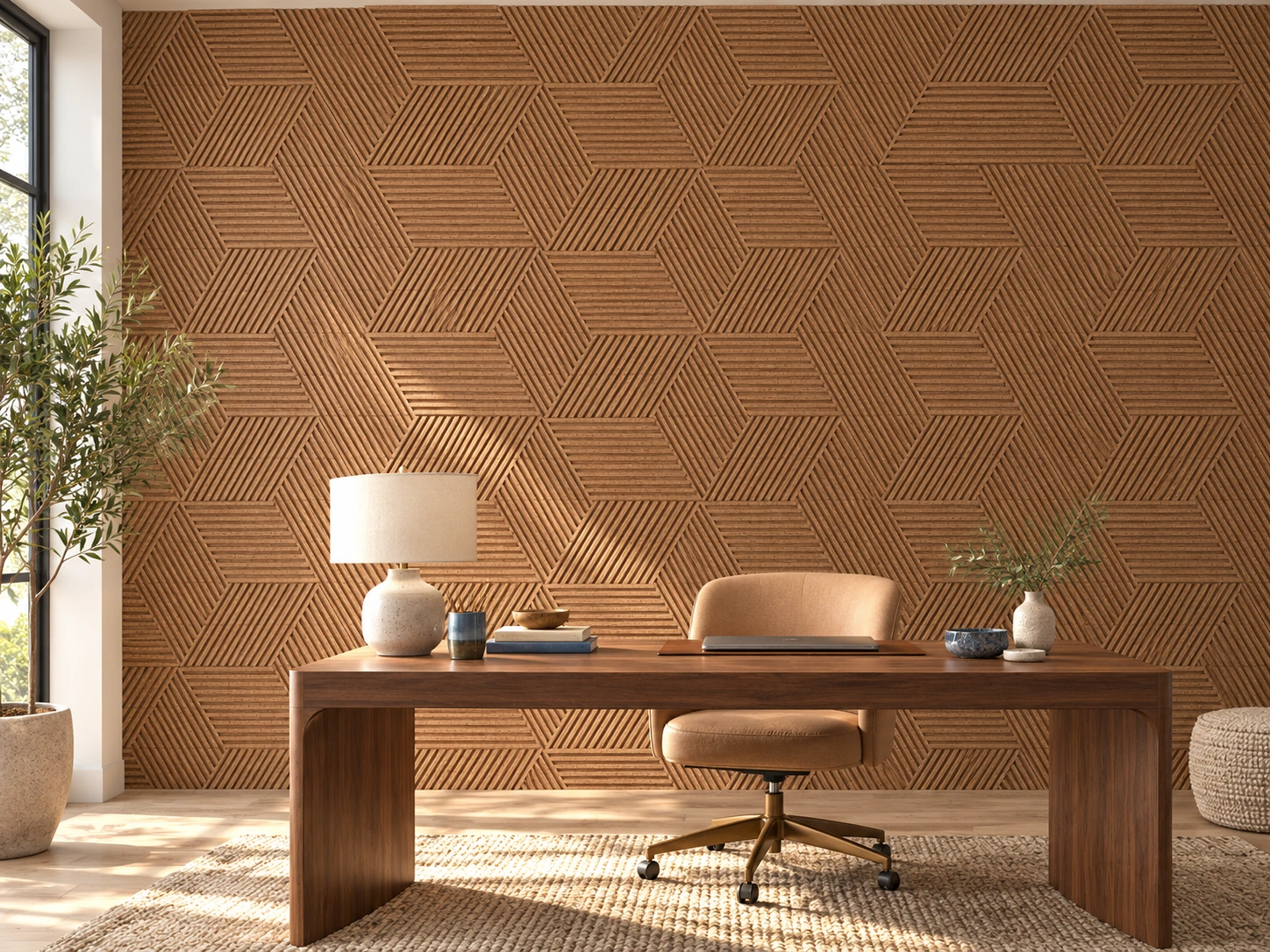 Linear Wood Natural - 25/64&Quot; (10Mm) – 3D Acoustic Cork Wall Panels (Wlwon10) Linear Wood Natural Cork Wall Installed In A Furnished Interior, Product Scale Visualization (Wlwon10)