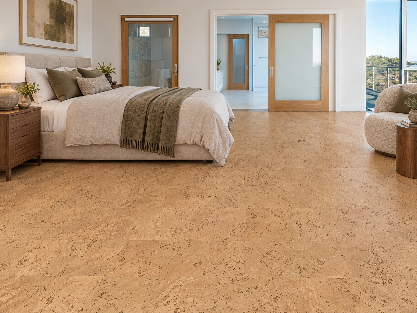 Logan - 1/2&Quot; (12Mm) - Cork Floating (Flo12) Logan Installed Flooring In A Furnished Daylight Interior; Accurate Product Scale Visualization (Cz3101Vnn)