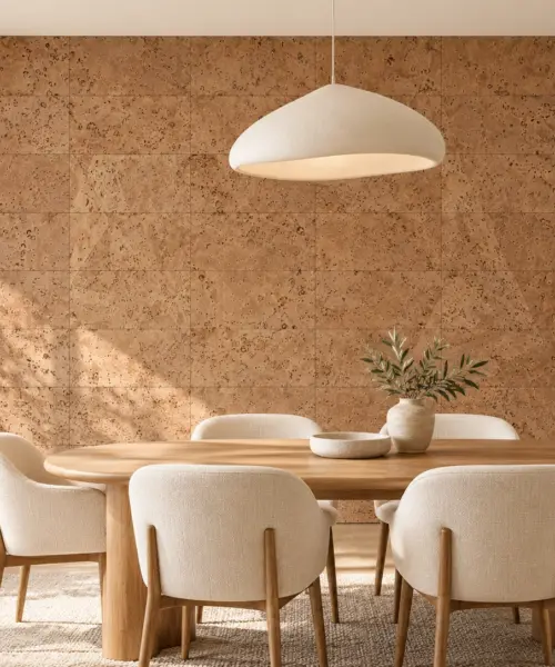 Logan - 5/16&Quot; (8Mm) - Cork Glue Down Tile (Glo8) Logan Cork Wall Installed In A Furnished Interior, Product Scale Visualization (Pf3101Vnn-8.0)
