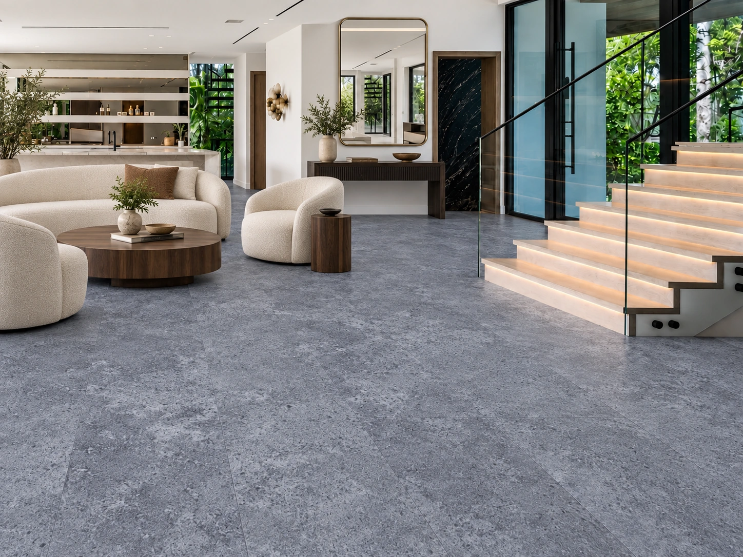 Midnight Slate - 19/64&Quot; (7.5Mm) - Swiss Techslate (Mmids7.5) Midnight Slate Installed Flooring In A Furnished Daylight Interior; Accurate Product Scale Visualization (Mmids7.5)