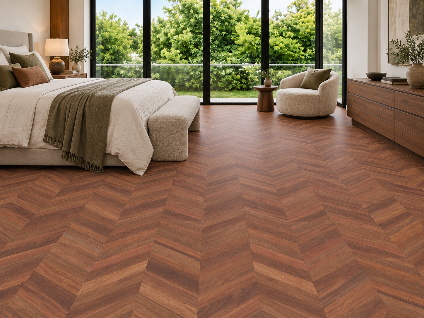 Noble Chevron - 7/16″ (11Mm) - Swiss Design Cork Floating (Fnob11) Noble Chevron Installed Flooring In A Furnished Daylight Interior; Accurate Product Scale Visualization (Fnob11)