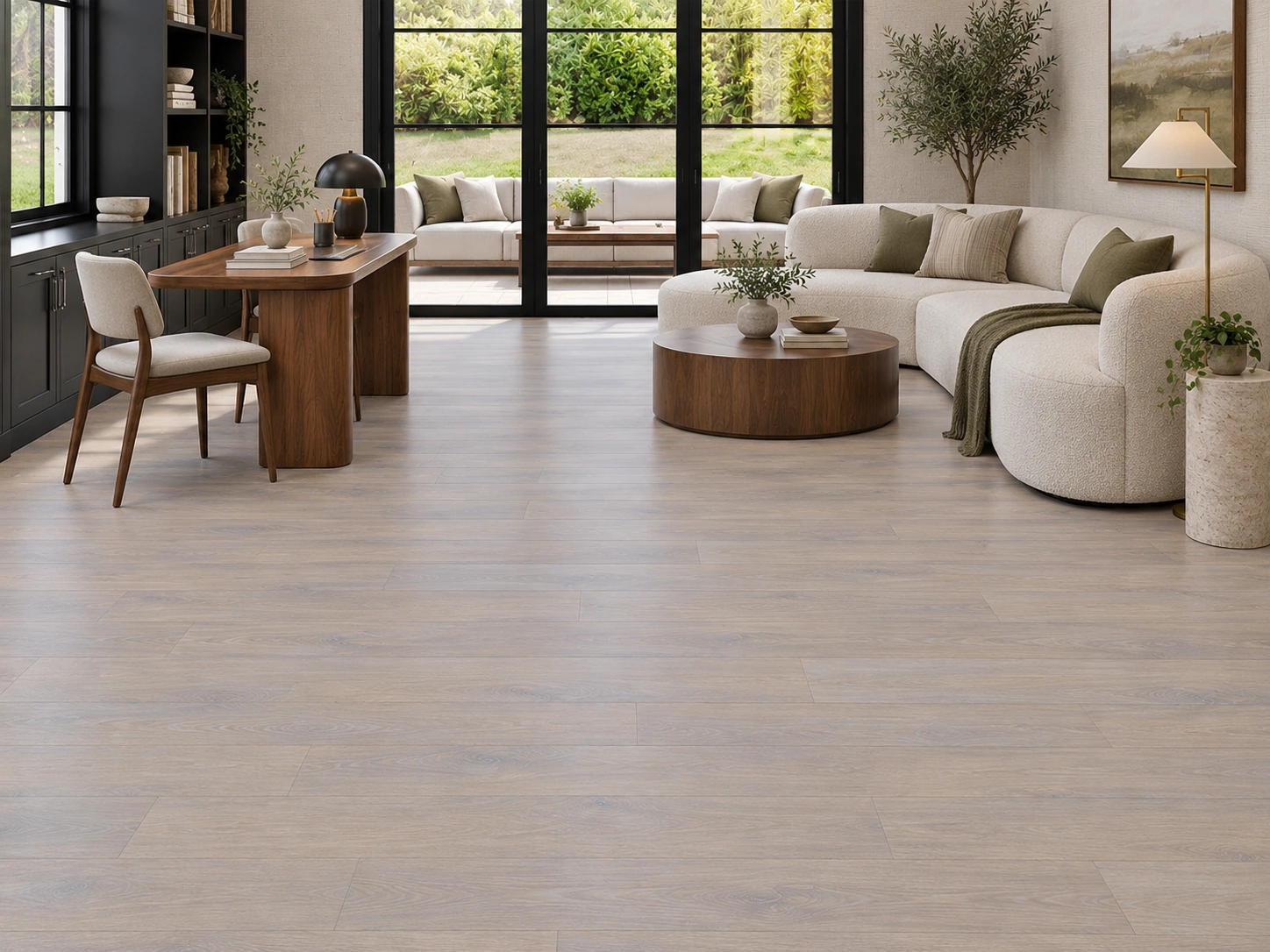 Nordic Oak - 3/8&Quot; (9.5Mm) - Forna Natural Composite Flooring With Waterproof Hydrowood Core (Nnoro9.5) Nordic Oak Installed Flooring In A Furnished Daylight Interior; Accurate Product Scale Visualization (Nnoro9.5)