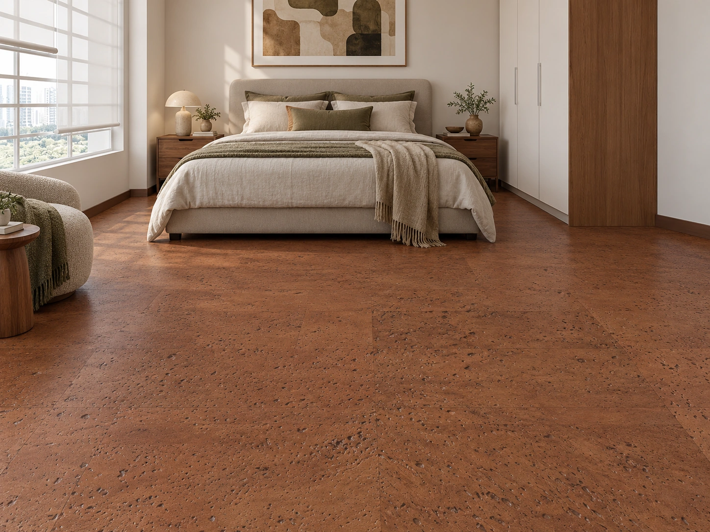 Parkland - 1/2″ (12Mm) – Cork Floating (Fpkld12) Parkland Installed Flooring In A Furnished Daylight Interior; Accurate Product Scale Visualization (Fpkld12)