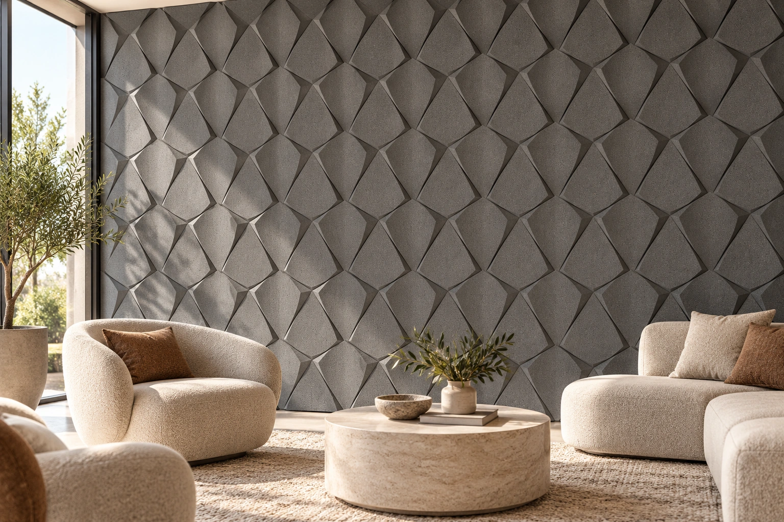 Petal Grey - 1 3/16&Quot; (30Mm) – 3D Acoustic Cork Wall Panels (Wpg30) Petal Grey Cork Wall Installed In A Furnished Interior, Product Scale Visualization (Wpg30)