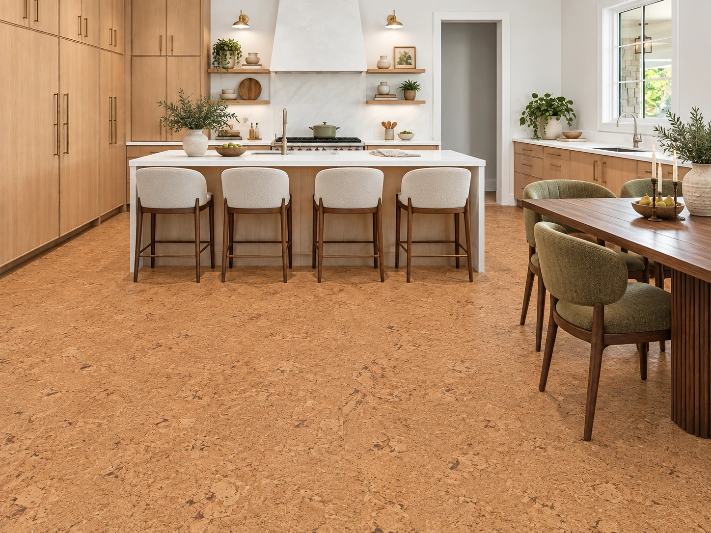 Salami - 5/16&Quot; (8Mm) - Cork Glue Down Tile (Gsal8) Salami Installed Flooring In A Furnished Daylight Interior; Accurate Product Scale Visualization (Pf3344Vnn-8.0)