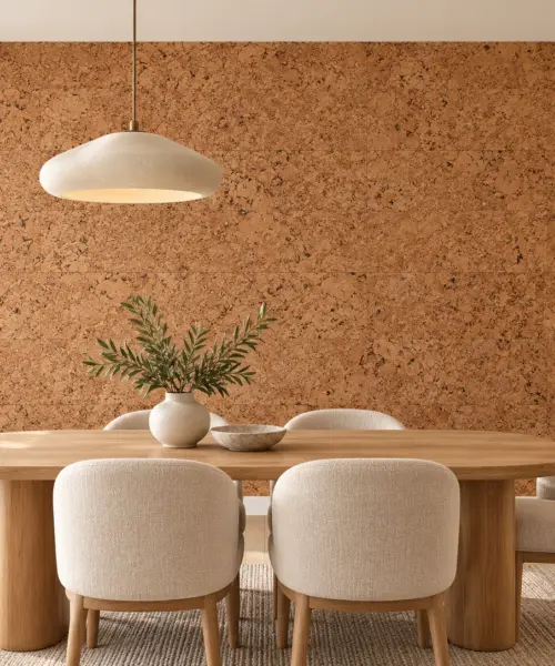 Salami - 5/16&Quot; (8Mm) - Cork Glue Down Tile (Gsal8) Salami Cork Wall Installed In A Furnished Interior, Product Scale Visualization (Pf3344Vnn-8.0)