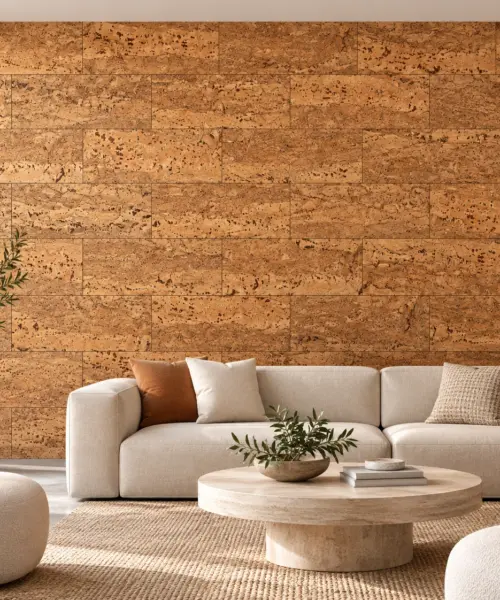 Umber - 1/4&Quot; (6Mm) - Swiss Cork Glue Down Tile (Gumb6) Umber Cork Wall Installed In A Furnished Interior, Product Scale Visualization (Gumb6)