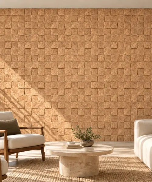 Wave Wood 25/32” (20mm) 3D Acoustic Cork Wall Panels (WWWo20) cork wall installed in a furnished interior, product scale visualization (WWWo20)