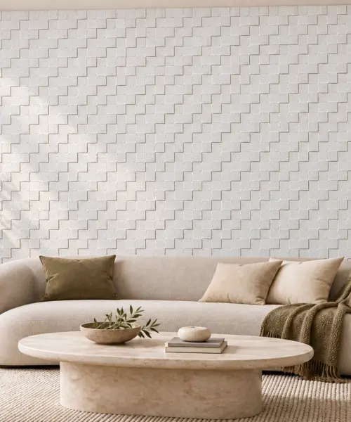 White Cubes cork wall installed in a furnished interior, product scale visualization (WWCu10)