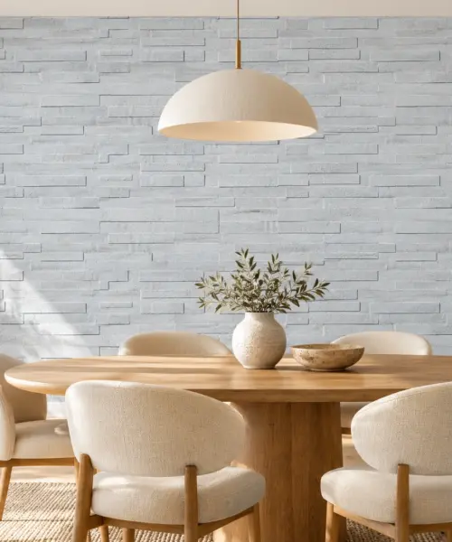 Whitewash Brick cork wall installed in a furnished interior, product scale visualization (WWwBr7)