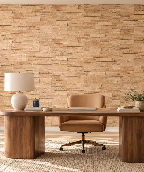 Wood Bricks cork wall installed in a furnished interior, product scale visualization (WWoBr7)