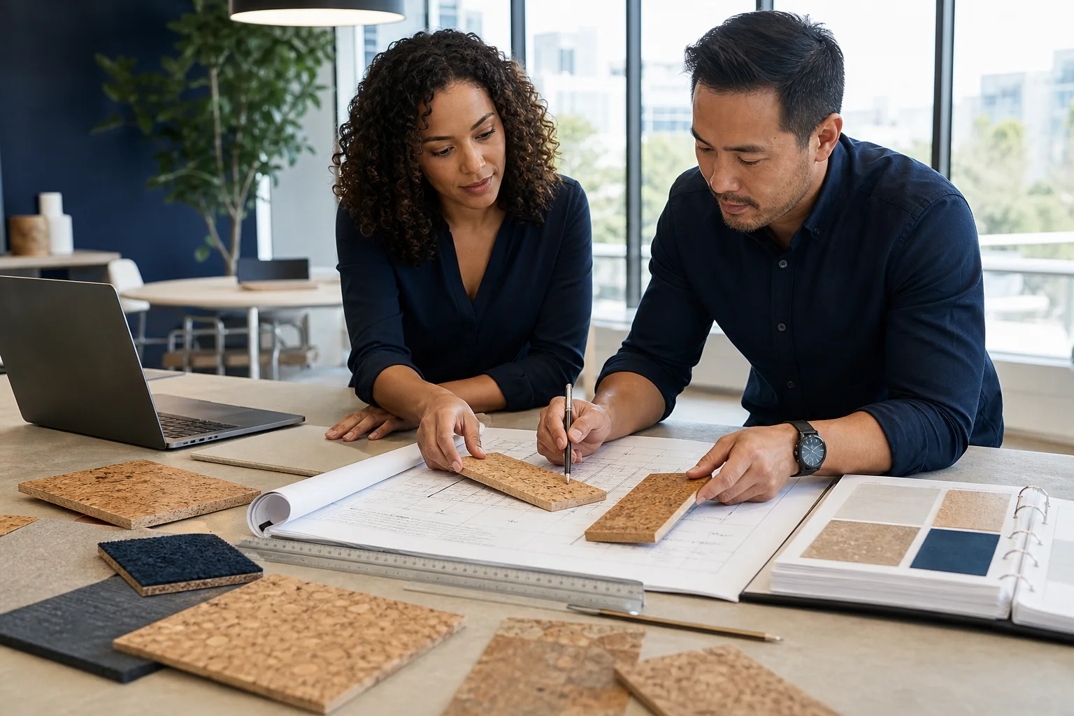 Commercial Cork Flooring Projects Architect And Contractor Reviewing Cork Flooring Samples And Project Plans