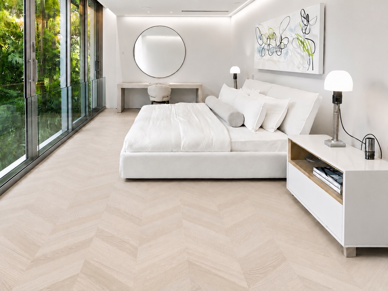 Clara Chevron cork flooring in a bright bedroom with a view of the garden.