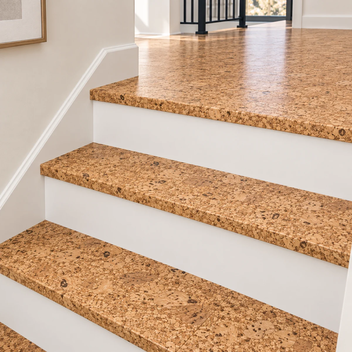 Autumn Leaves stair nosing — installed view with product profile inset