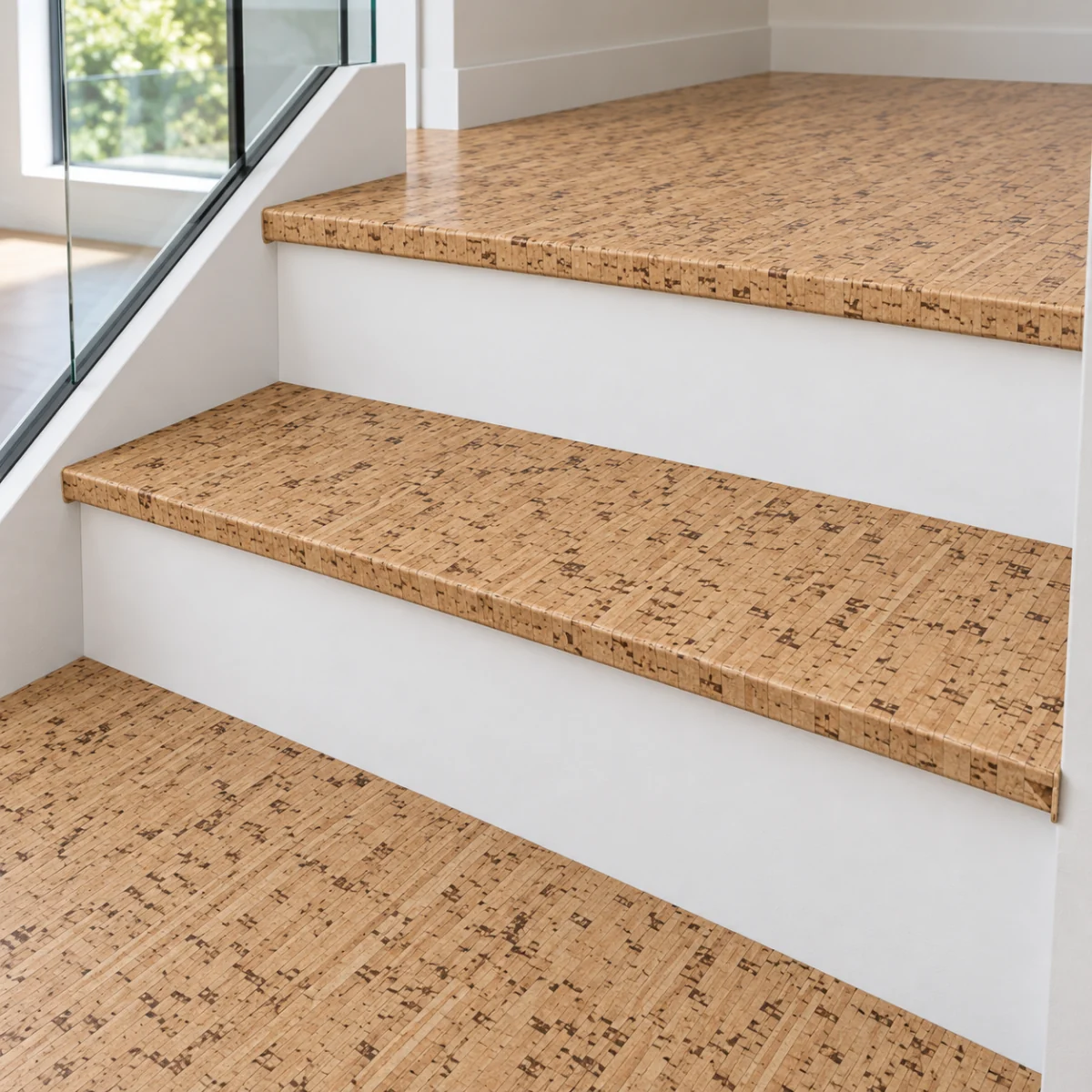 Berber stair nosing — installed view with product profile inset