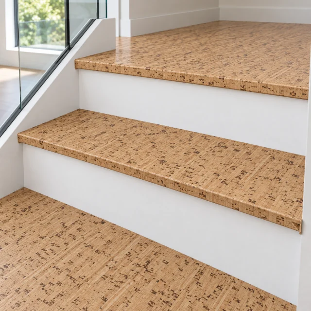 Berber stair nosing — installed view with product profile inset