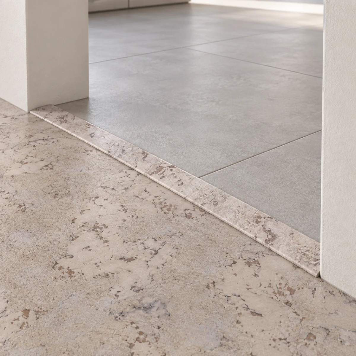 Ceramic Marble T-molding transition — installed view with product profile inset