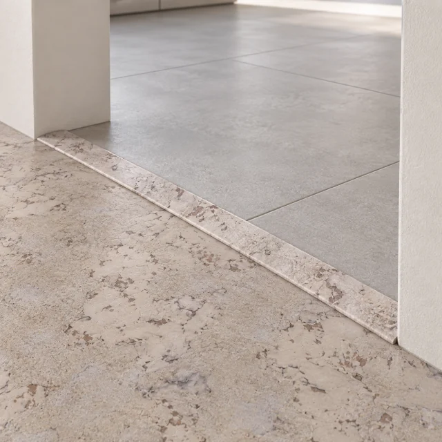 Ceramic Marble T-molding transition — installed view with product profile inset