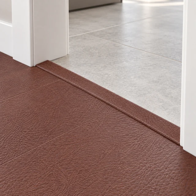 Chestnut T-molding transition — installed view with product profile inset