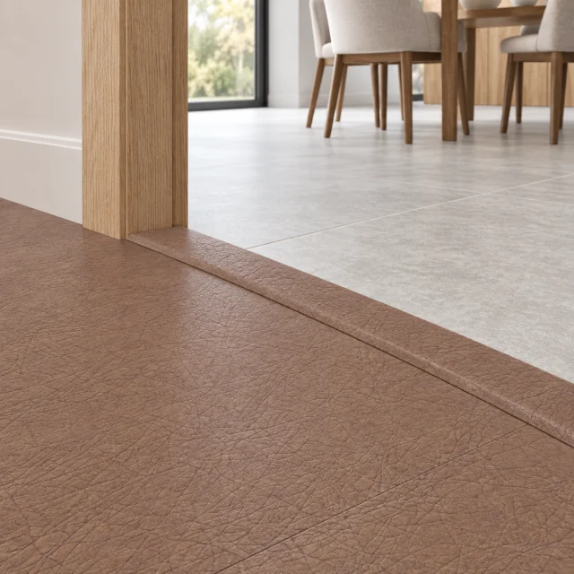 Cocoa T-molding transition — installed view with product profile inset