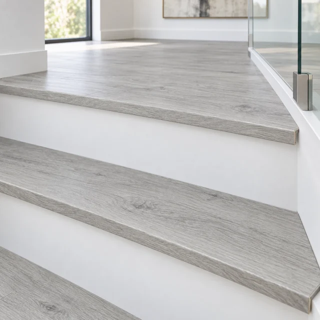 Como Oak White stair nosing — installed view with product profile inset