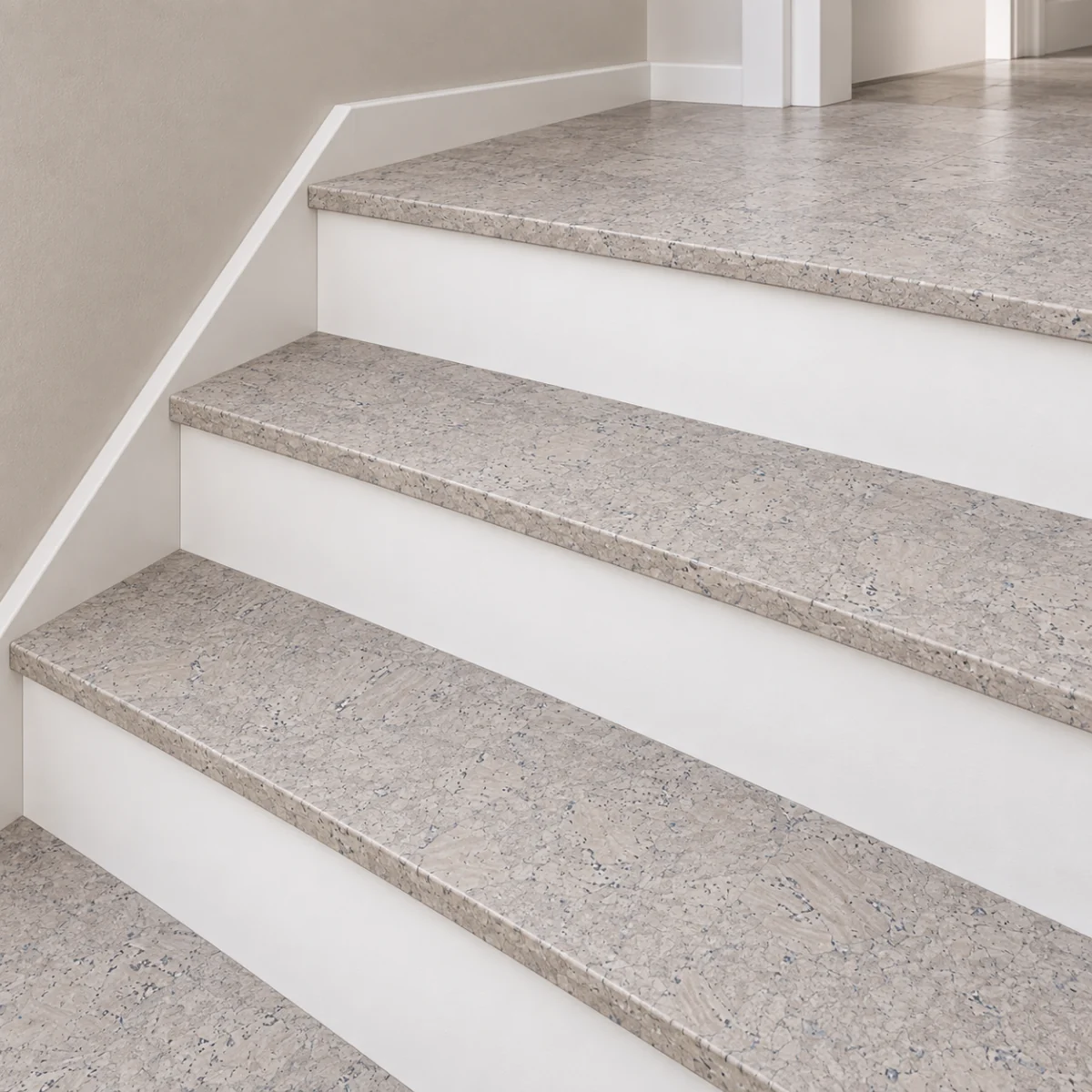 Creme Royale Marble stair nosing — installed view with product profile inset