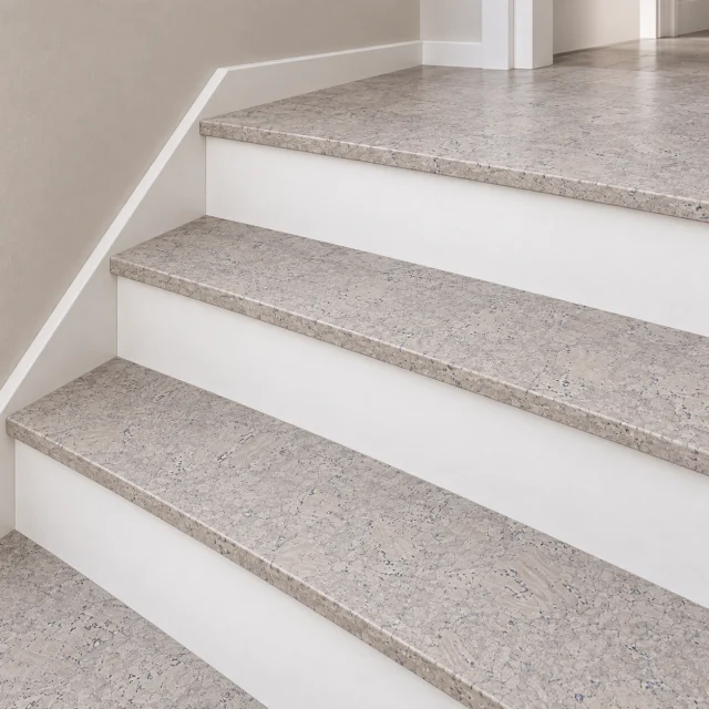 Creme Royale Marble stair nosing — installed view with product profile inset