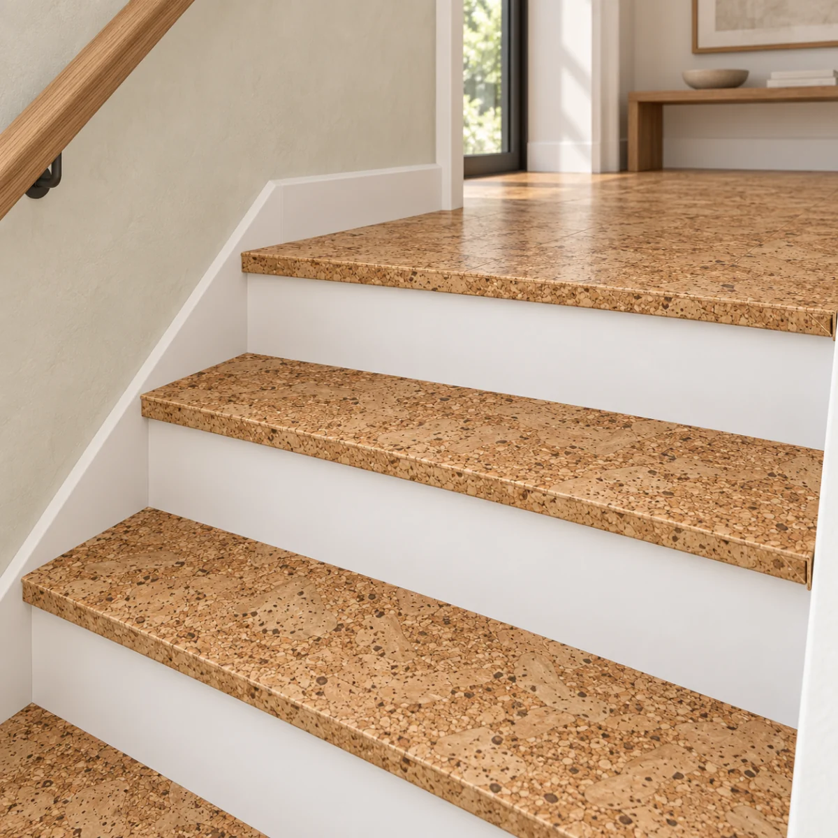 Desert Arable stair nosing — installed view with product profile inset