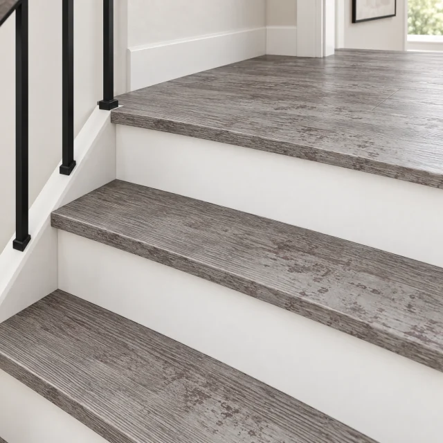 Earthy Pine stair nosing — installed view with product profile inset