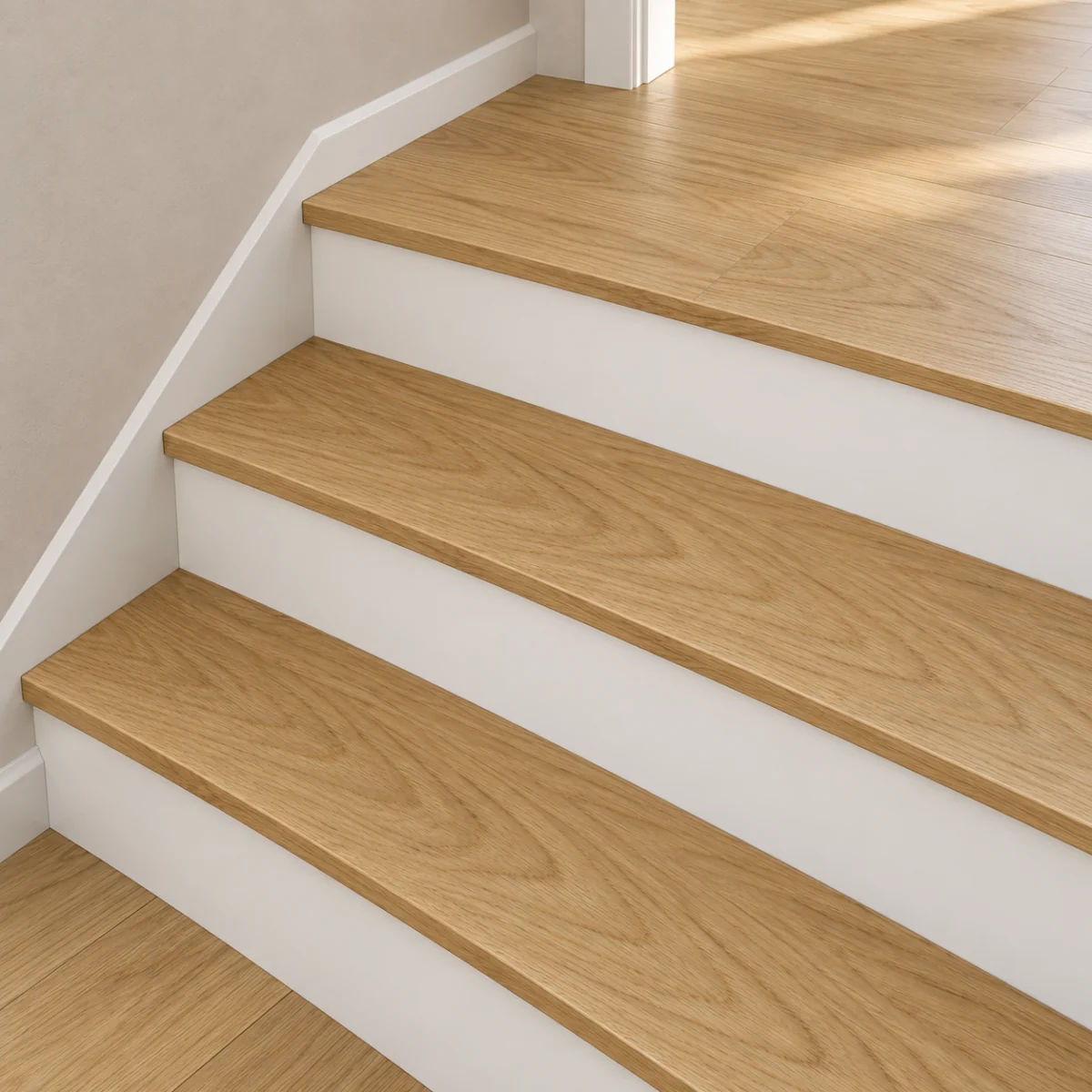 Forest stair nosing — installed view with product profile inset