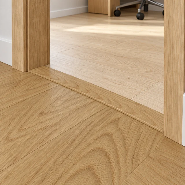 Forest T-molding transition — installed view with product profile inset