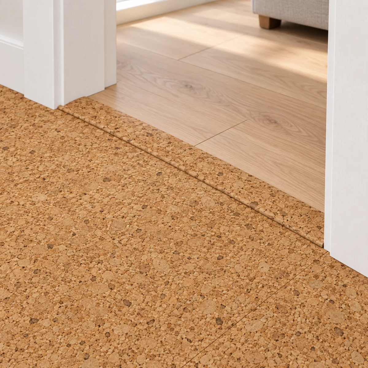 Golden Beach T-molding transition — installed view with product profile inset