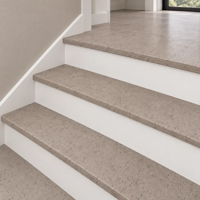 Gray Leather stair nosing — installed view with product profile inset